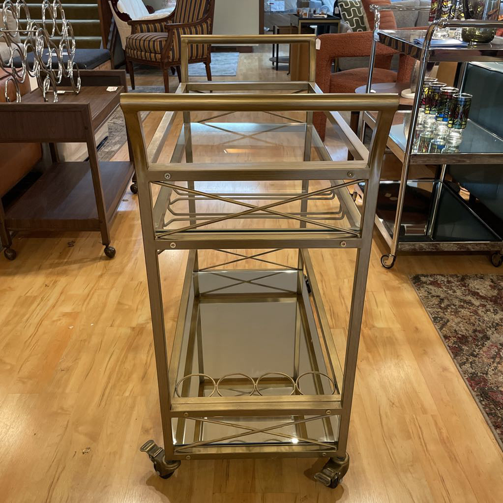 Brushed Gold Bar Cart w/ Glass Shelf and Mirror Bottom