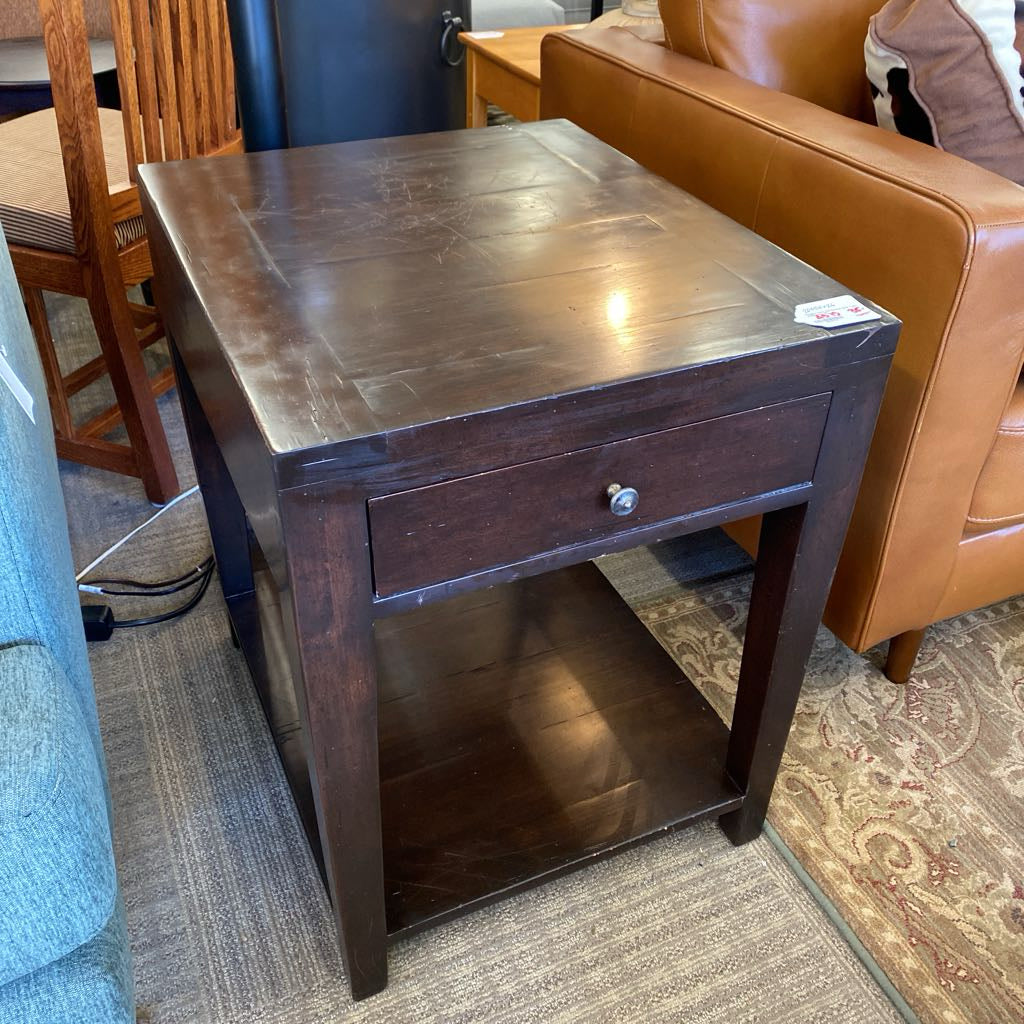 Chunky Dark Hardwood Side Table w/Drawer (AS IS)