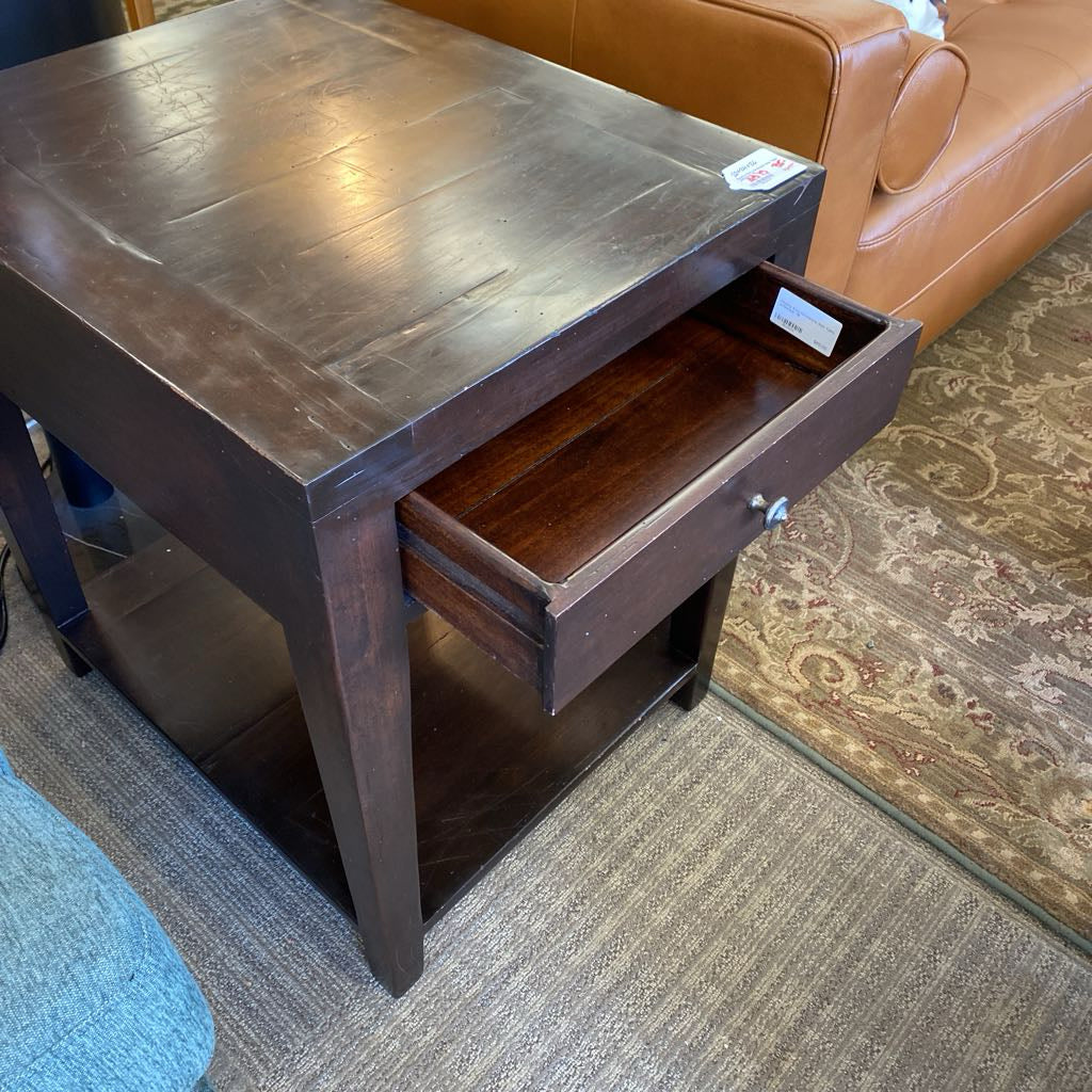 Chunky Dark Hardwood Side Table w/Drawer (AS IS)