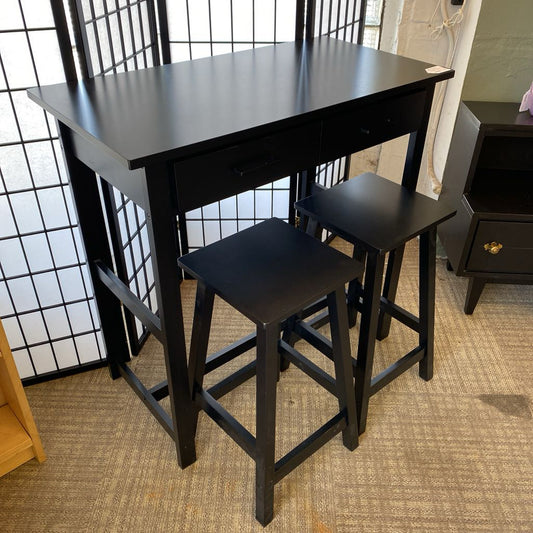 Black Laminate Bar Table w/Drawers & Two Stools C DINING TABLES