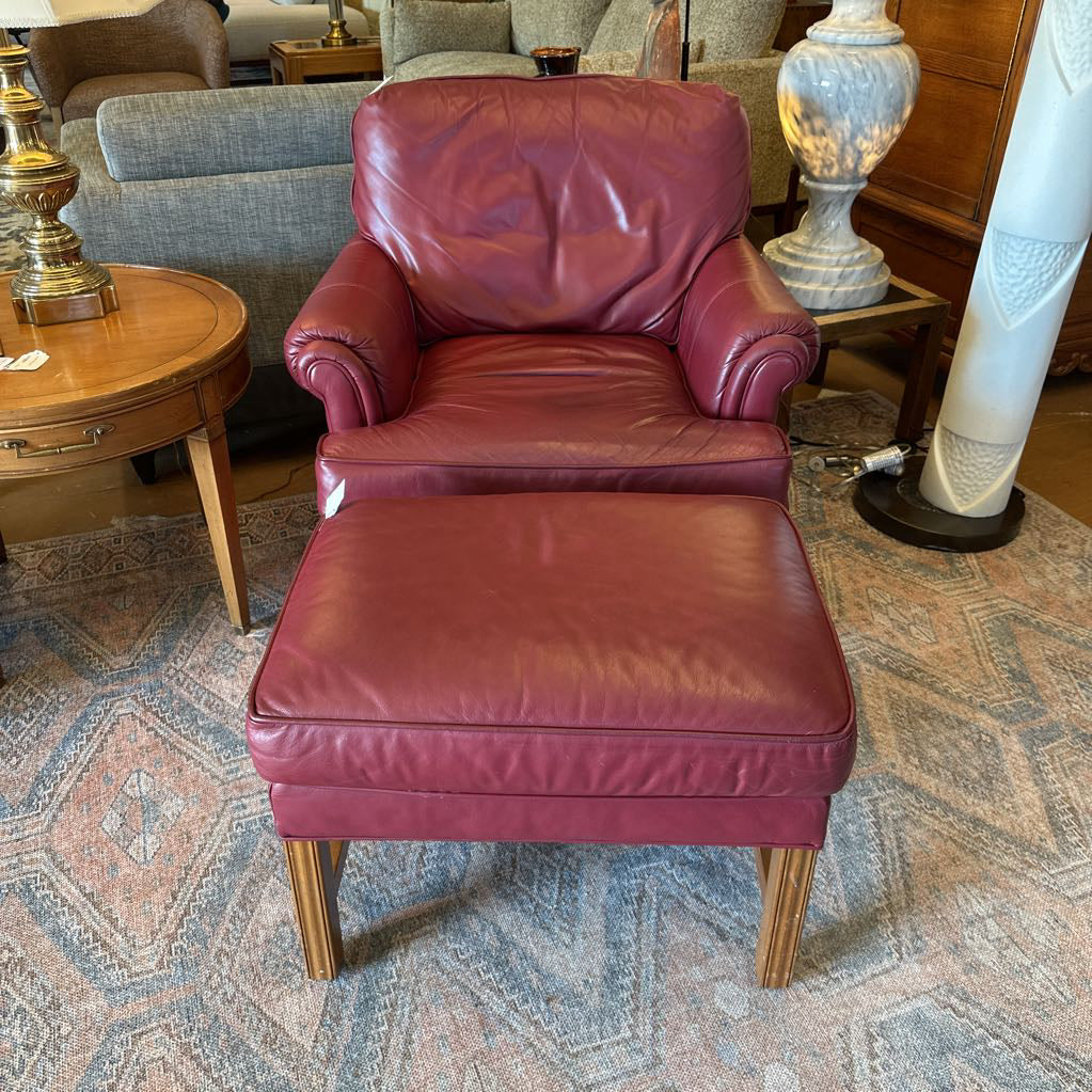 Red Leather Ethan Allen Armchair W/Ottoman