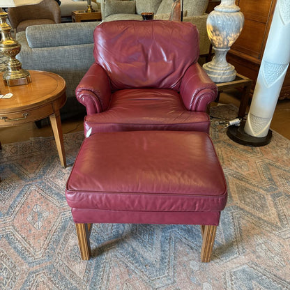 Red Leather Ethan Allen Armchair W/Ottoman