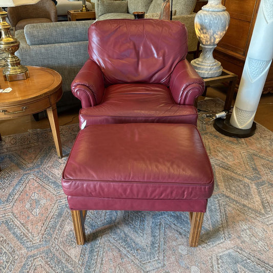 Red Leather Ethan Allen Armchair W/Ottoman U ACCENT CHAIRS