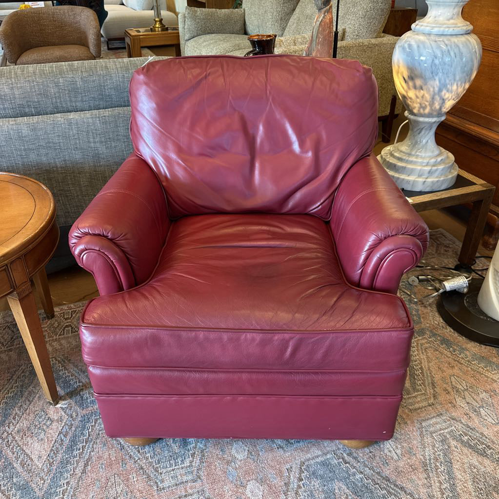 Red Leather Ethan Allen Armchair W/Ottoman