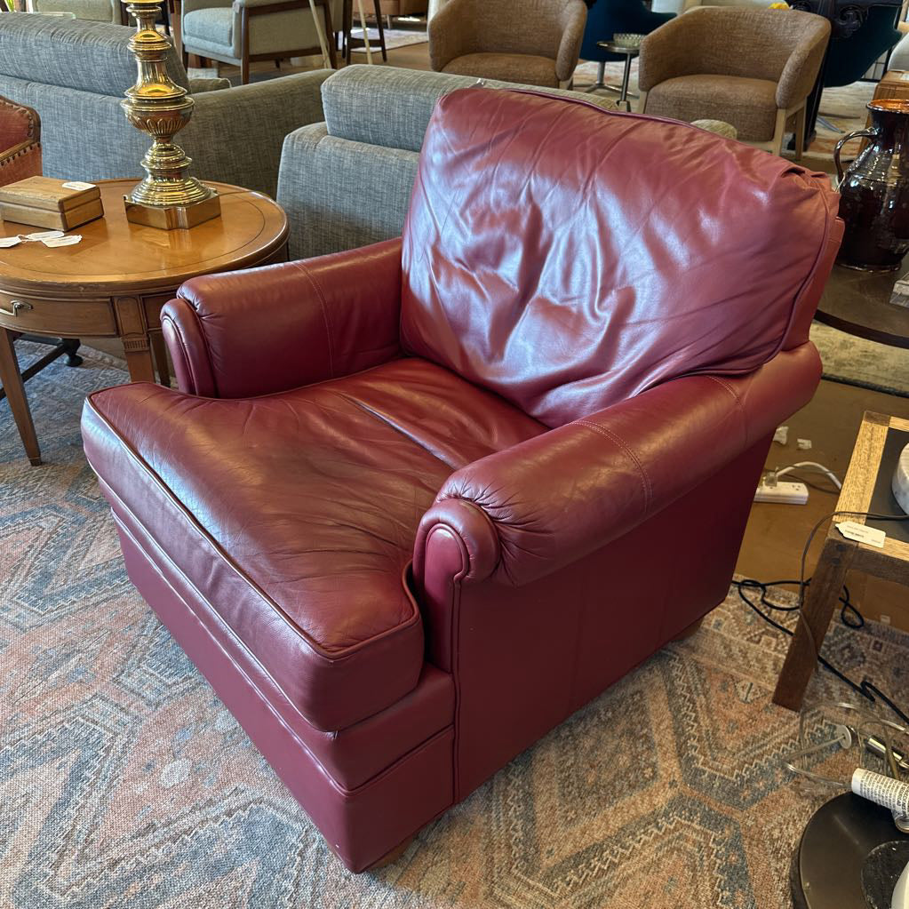 Red Leather Ethan Allen Armchair W/Ottoman