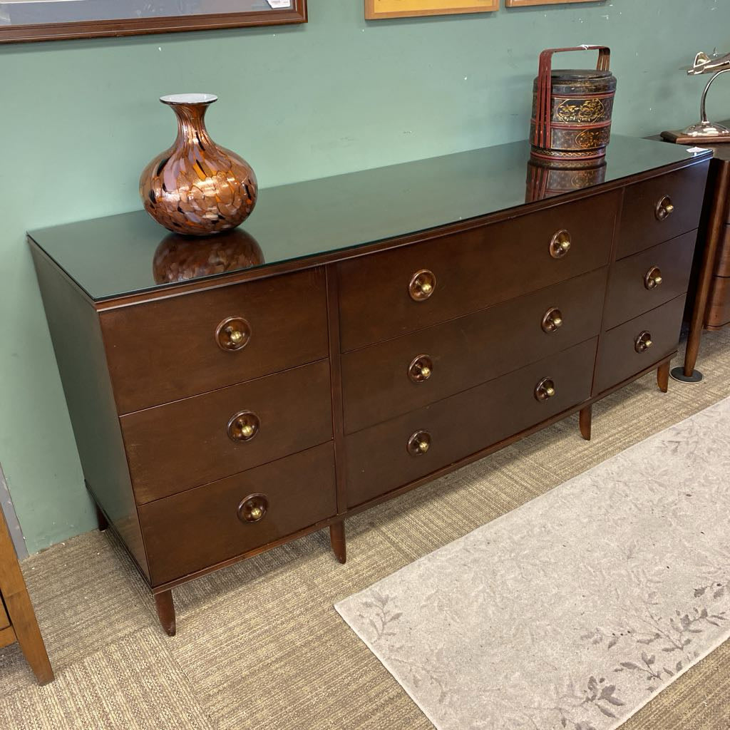 Deep Dark Wood BAKER Triple Dresser w/Glass Top (AS IS)