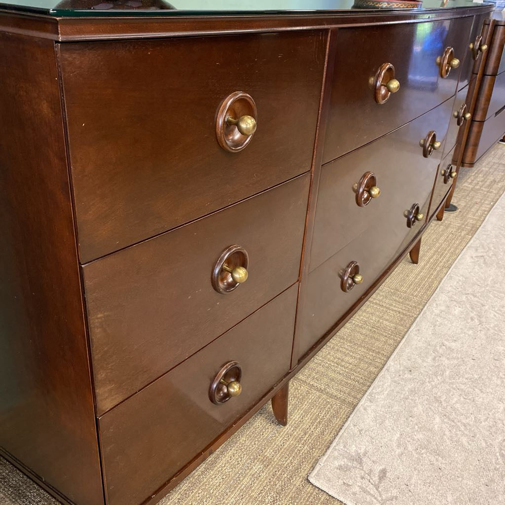 Deep Dark Wood BAKER Triple Dresser w/Glass Top (AS IS)