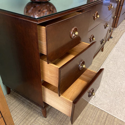 Deep Dark Wood BAKER Triple Dresser w/Glass Top (AS IS)