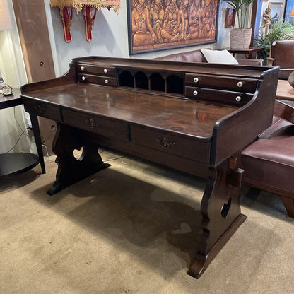 Dark Oak Trestle Desk w/ Stationary Cubbies & Carved Heart Legs C DESKS