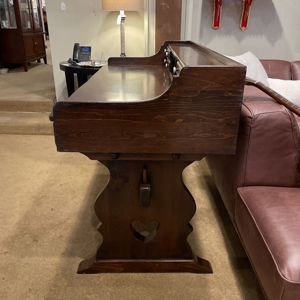 Dark Oak Trestle Desk w/ Stationary Cubbies & Carved Heart Legs C DESKS