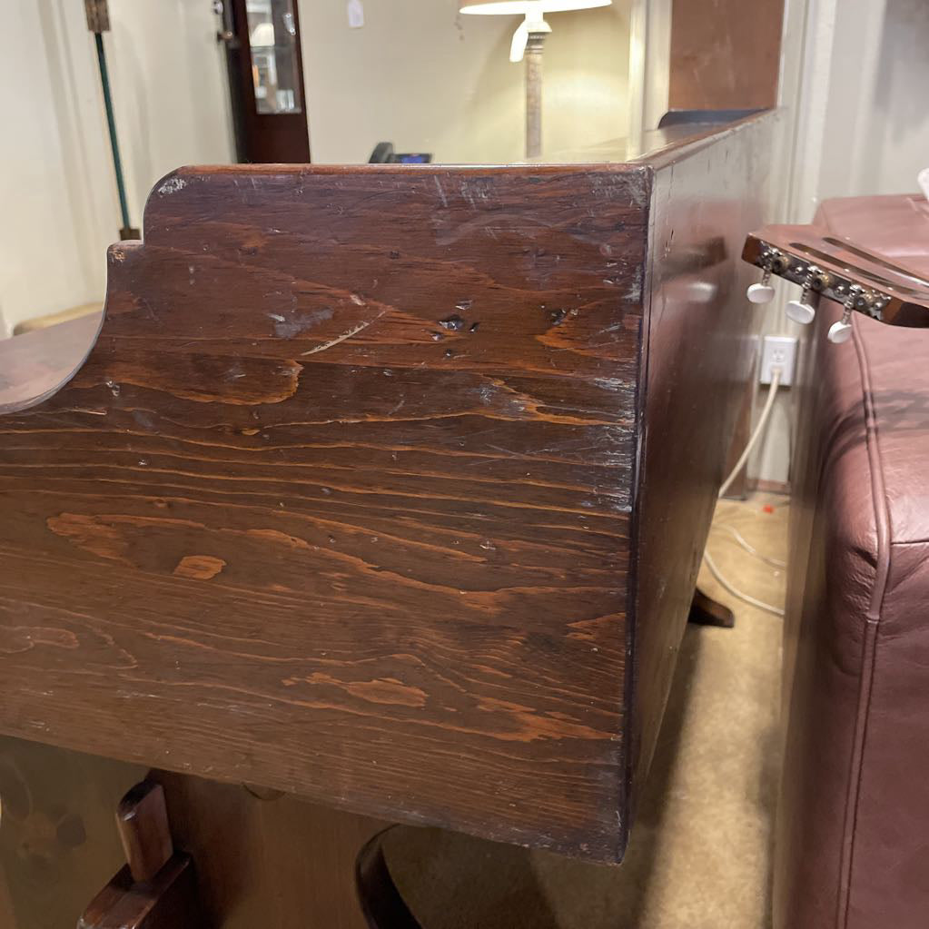 Dark Oak Trestle Desk w/ Stationary Cubbies & Carved Heart Legs C DESKS