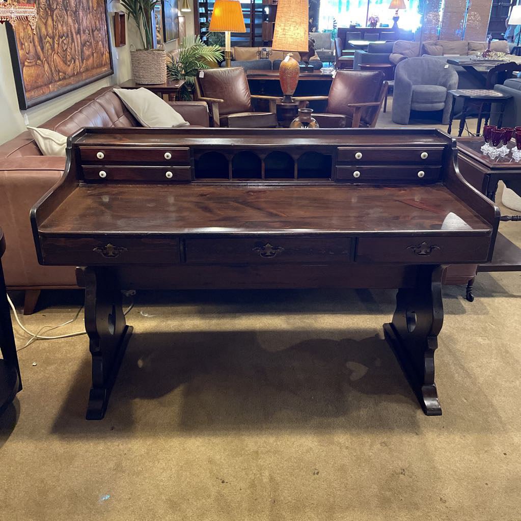 Dark Oak Trestle Desk w/ Stationary Cubbies & Carved Heart Legs C DESKS