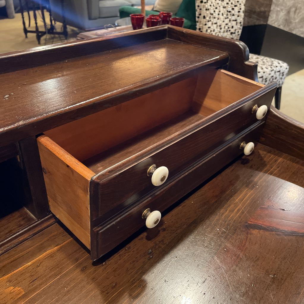 Dark Oak Trestle Desk w/ Stationary Cubbies & Carved Heart Legs C DESKS