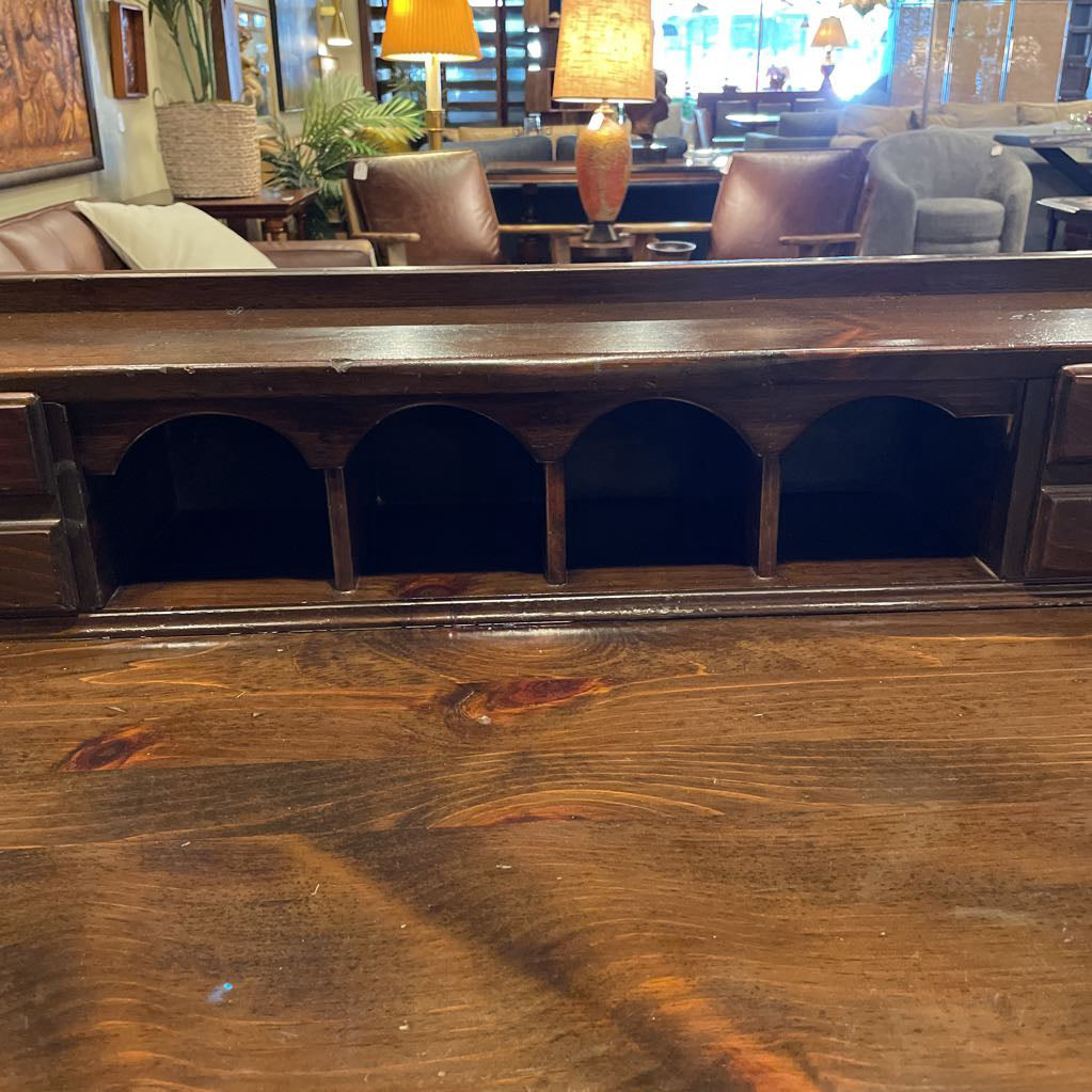 Dark Oak Trestle Desk w/ Stationary Cubbies & Carved Heart Legs C DESKS