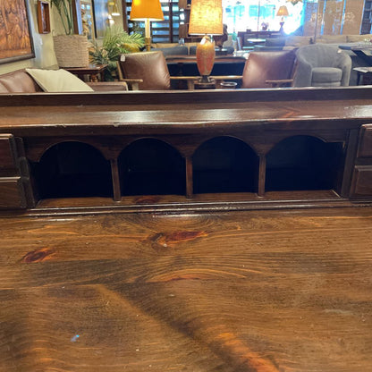 Dark Oak Trestle Desk w/ Stationary Cubbies & Carved Heart Legs C DESKS