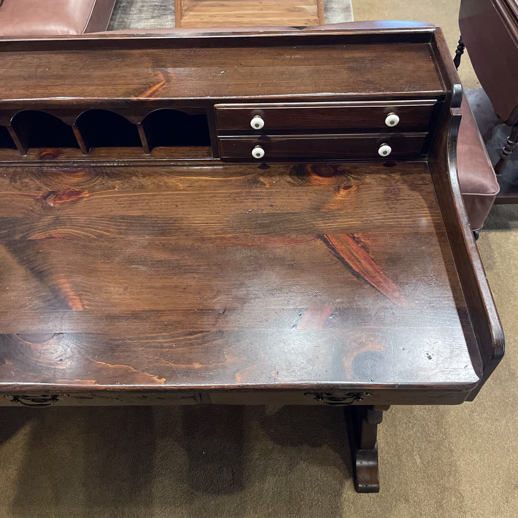 Dark Oak Trestle Desk w/ Stationary Cubbies & Carved Heart Legs C DESKS