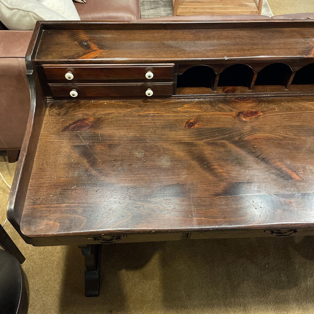 Dark Oak Trestle Desk w/ Stationary Cubbies & Carved Heart Legs C DESKS