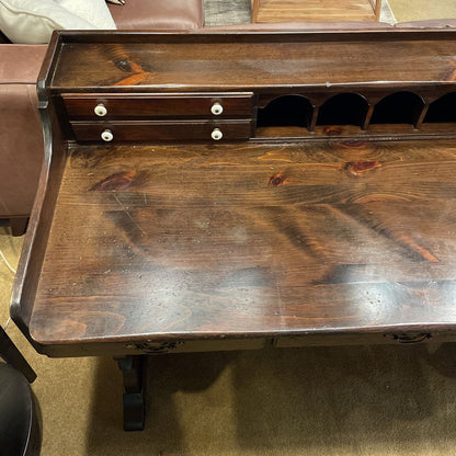 Dark Oak Trestle Desk w/ Stationary Cubbies & Carved Heart Legs C DESKS
