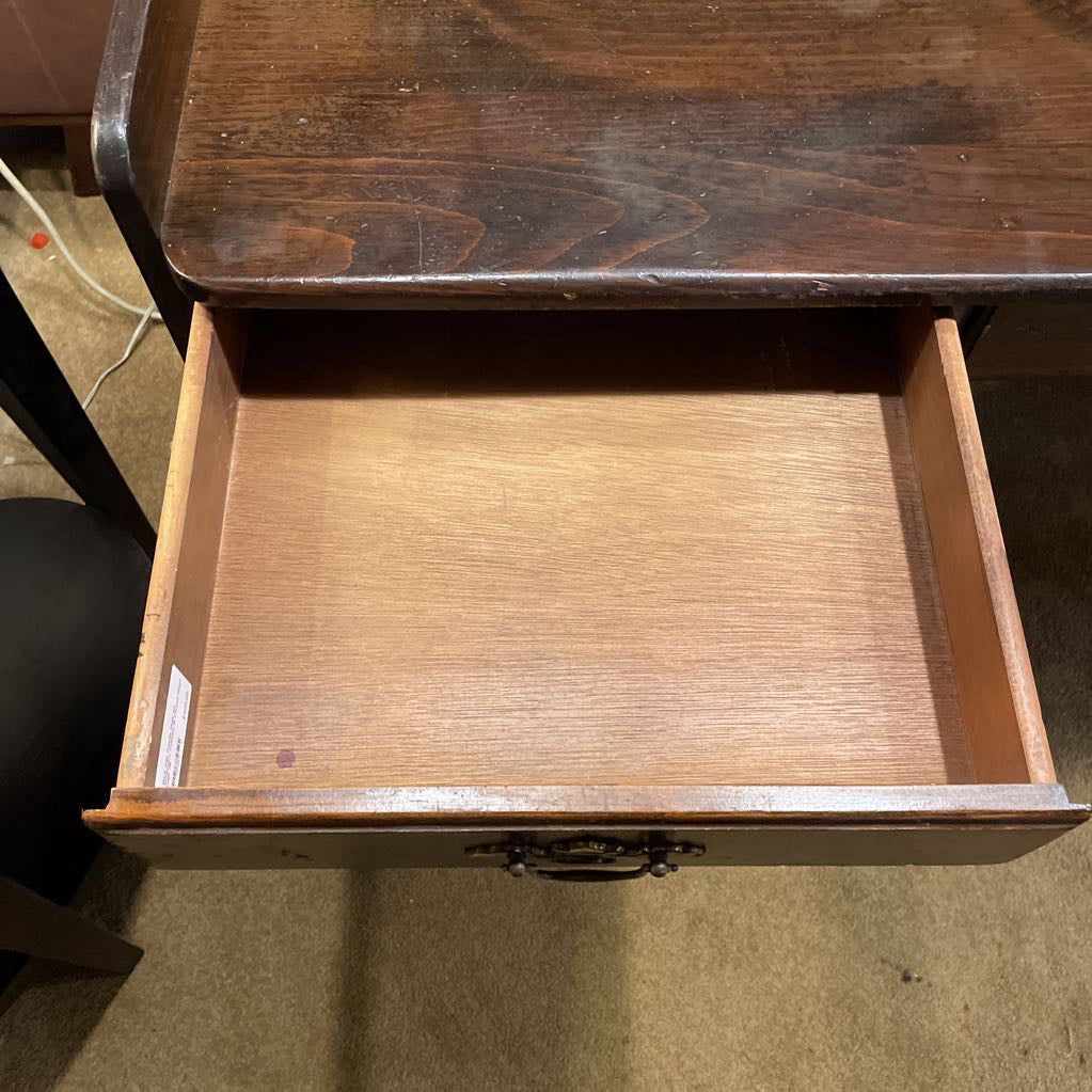 Dark Oak Trestle Desk w/ Stationary Cubbies & Carved Heart Legs C DESKS