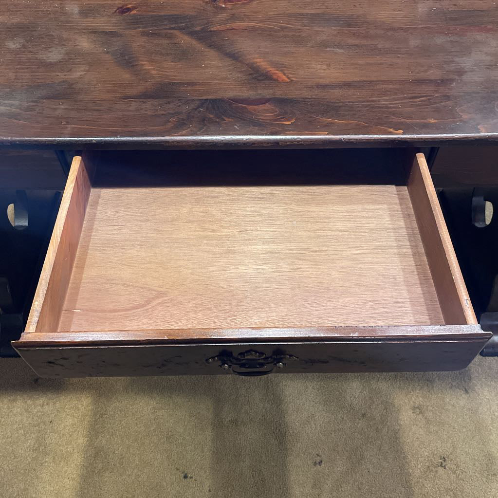 Dark Oak Trestle Desk w/ Stationary Cubbies & Carved Heart Legs C DESKS