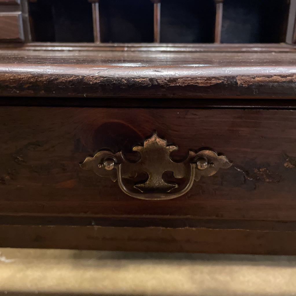 Dark Oak Trestle Desk w/ Stationary Cubbies & Carved Heart Legs C DESKS