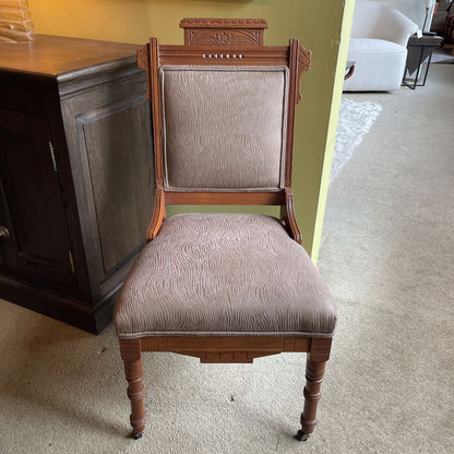 Eastlake Style Zebra Stripe Brown Upholstry Carved Wood Dining Chair