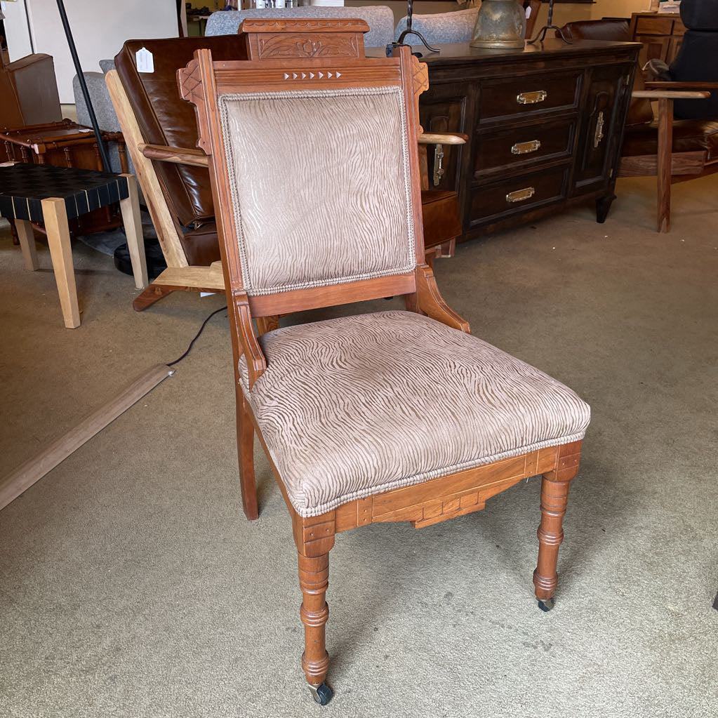 Eastlake Style Zebra Stripe Brown Upholstry Carved Wood Dining Chair