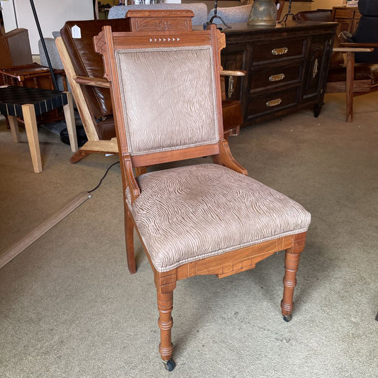 Eastlake Style Zebra Stripe Brown Upholstry Carved Wood Dining Chair C DINING CHAIRS