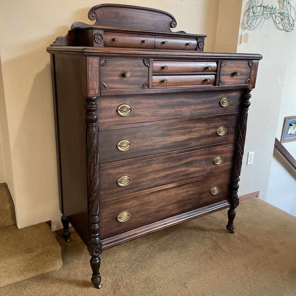 Dark Wood W/ Carved Column 4 Wide Drawers Highboy Dresser w/ Additiona – Ballard Consignment