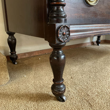Dark Wood W/ Carved Column 4 Wide Drawers Highboy Dresser w/ Additional Top Drawers