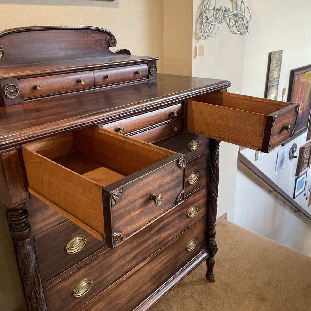 Dark Wood W/ Carved Column 4 Wide Drawers Highboy Dresser w/ Additional Top Drawers