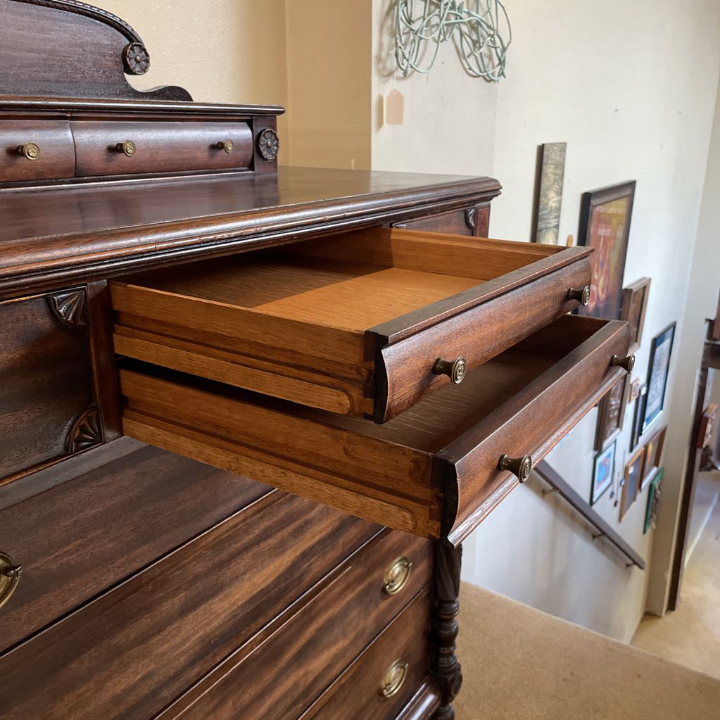 Dark Wood W/ Carved Column 4 Wide Drawers Highboy Dresser w/ Additional Top Drawers