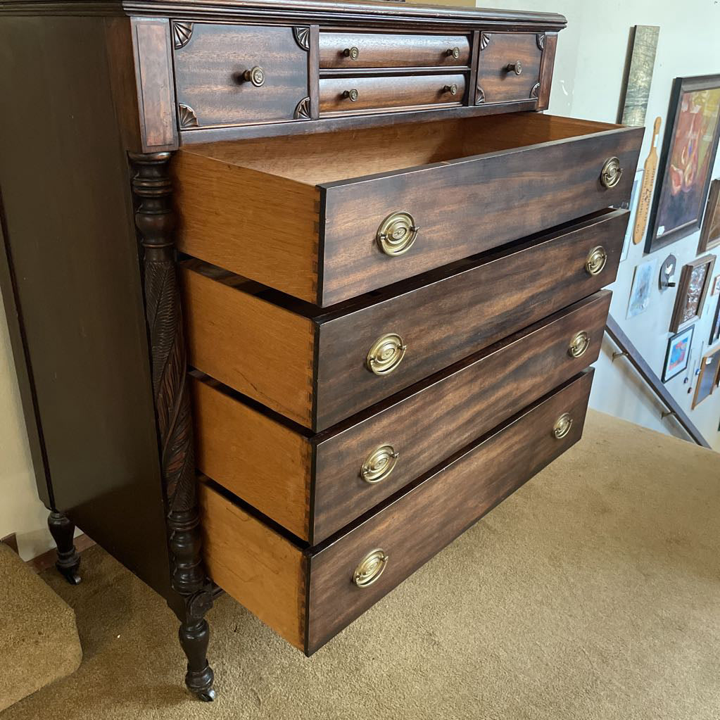 Dark Wood W/ Carved Column 4 Wide Drawers Highboy Dresser w/ Additional Top Drawers