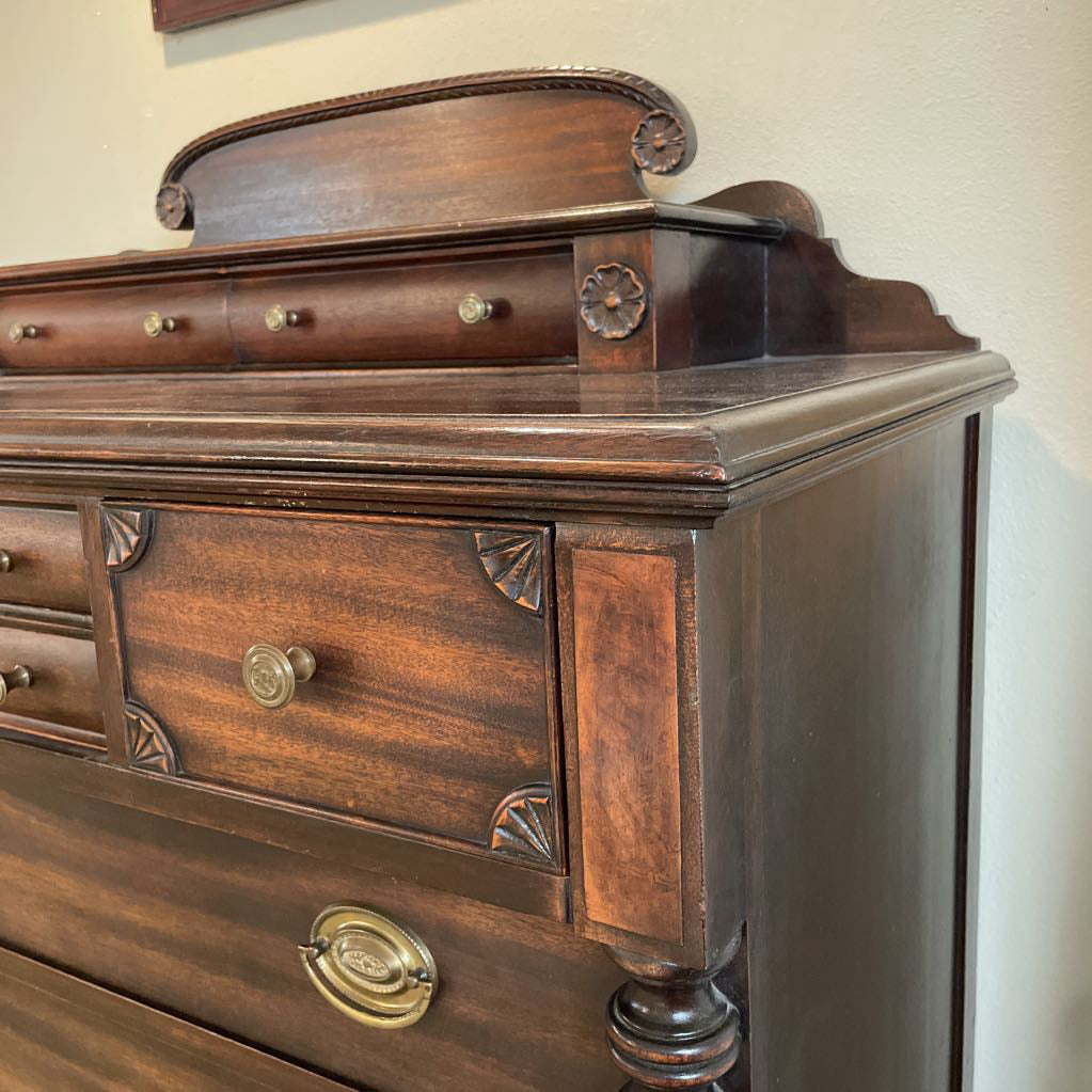 Dark Wood W/ Carved Column 4 Wide Drawers Highboy Dresser w/ Additional Top Drawers