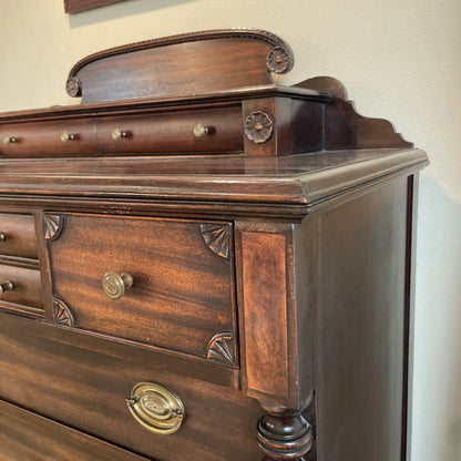 Dark Wood W/ Carved Column 4 Wide Drawers Highboy Dresser w/ Additional Top Drawers