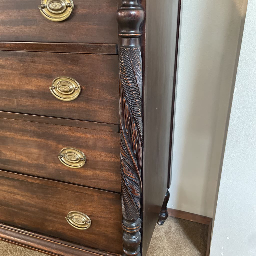 Dark Wood W/ Carved Column 4 Wide Drawers Highboy Dresser w/ Additional Top Drawers