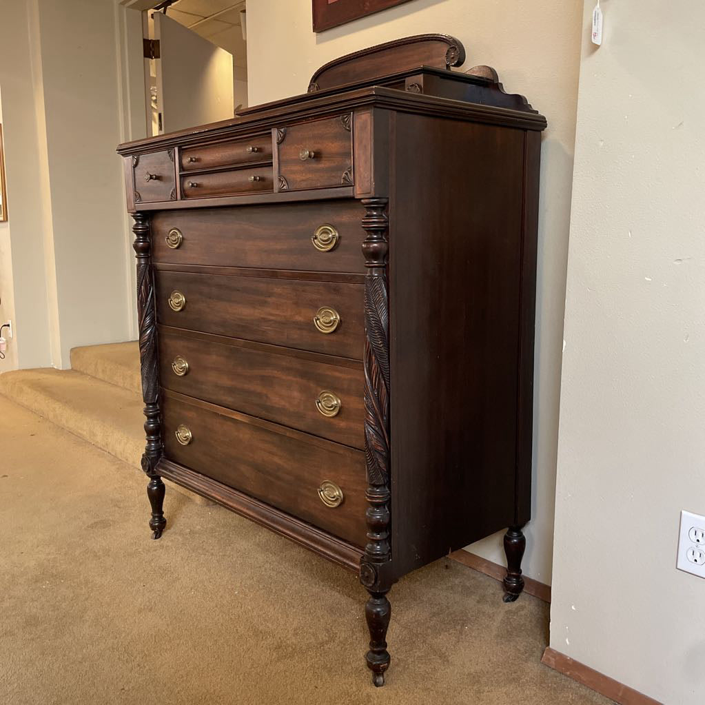 Dark Wood W/ Carved Column 4 Wide Drawers Highboy Dresser w/ Additional Top Drawers