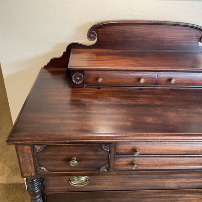 Dark Wood W/ Carved Column 4 Wide Drawers Highboy Dresser w/ Additional Top Drawers
