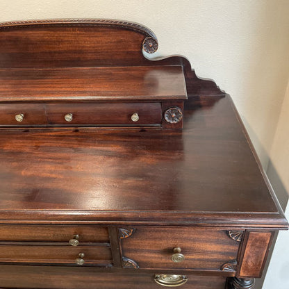 Dark Wood W/ Carved Column 4 Wide Drawers Highboy Dresser w/ Additional Top Drawers