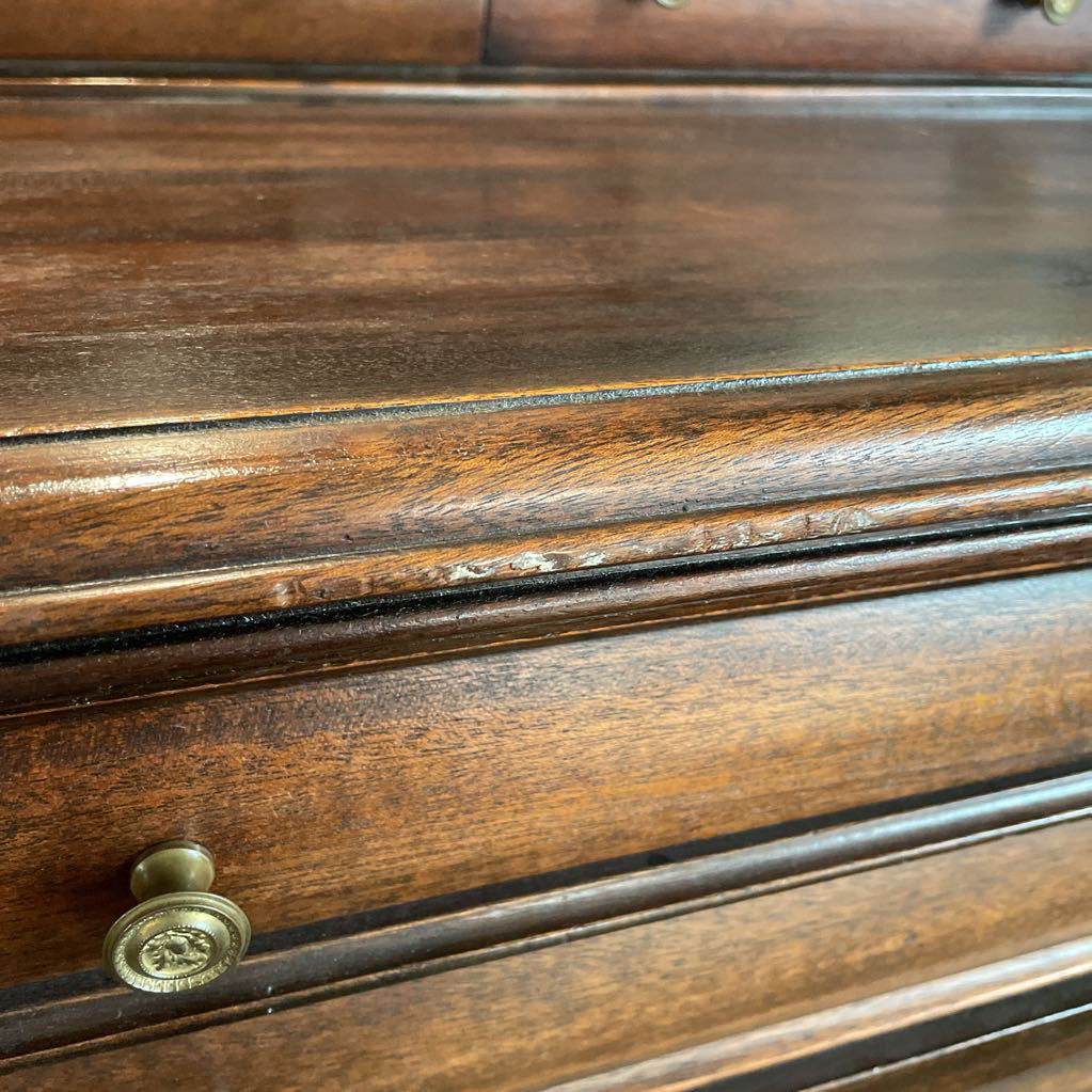 Dark Wood W/ Carved Column 4 Wide Drawers Highboy Dresser w/ Additional Top Drawers