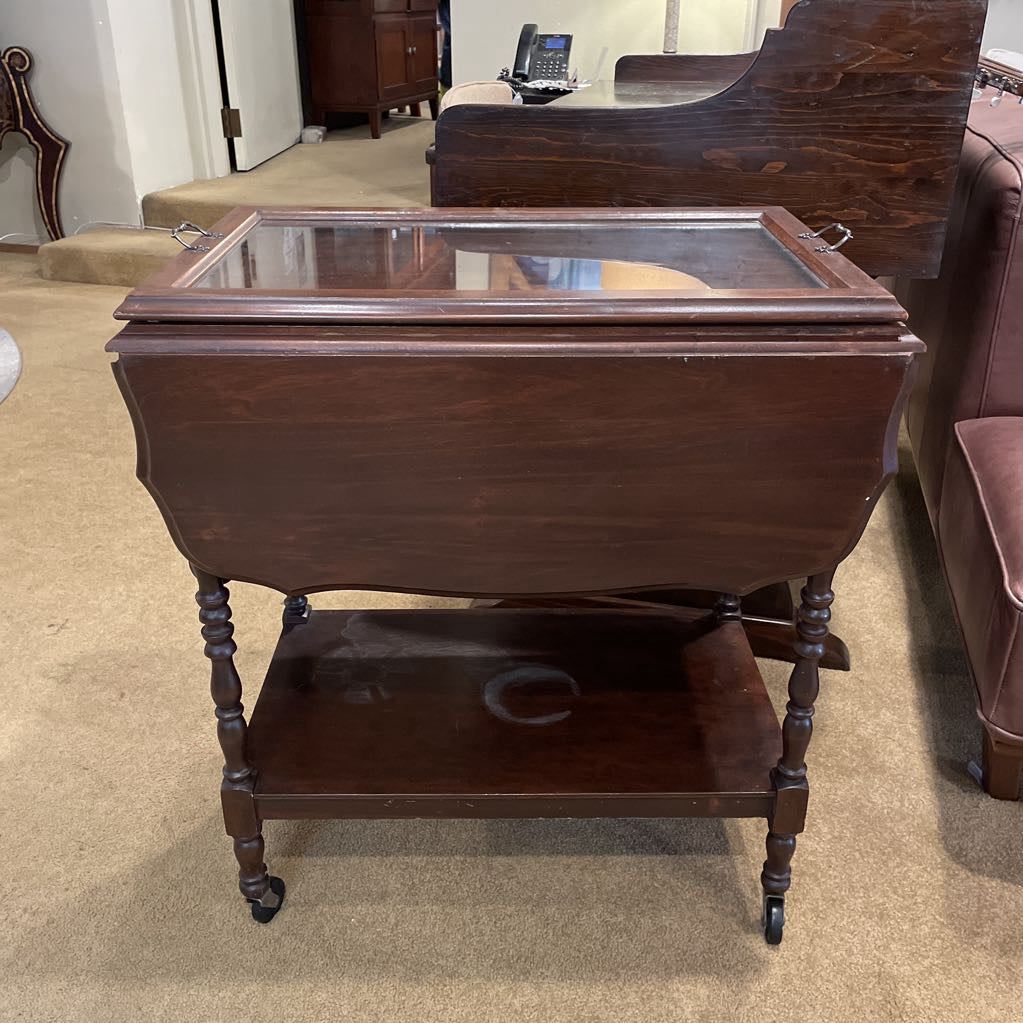 Turn Wood Drop Leaf Tea Cart w/ Glass Tray C BAR CARTS