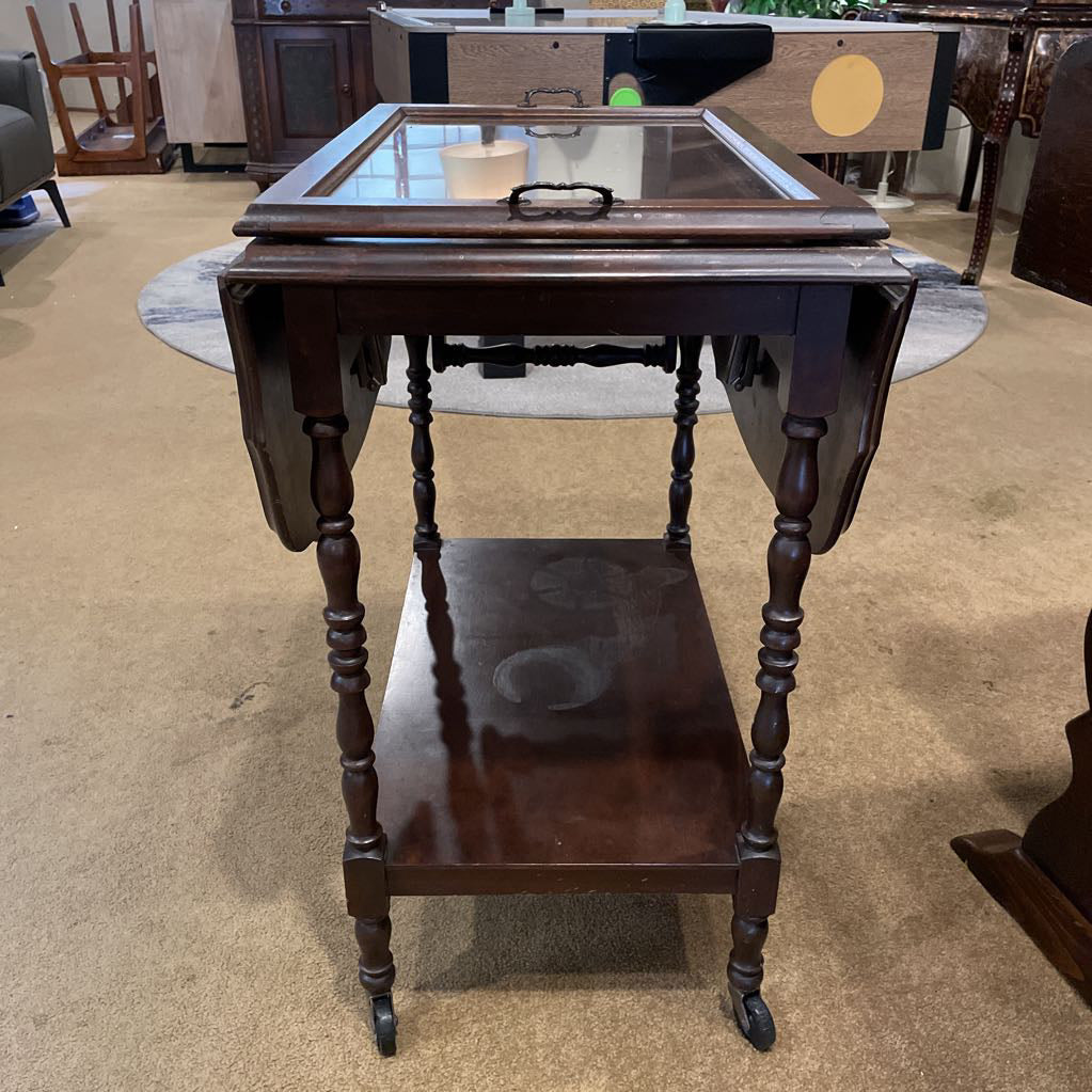 Turn Wood Drop Leaf Tea Cart w/ Glass Tray C BAR CARTS