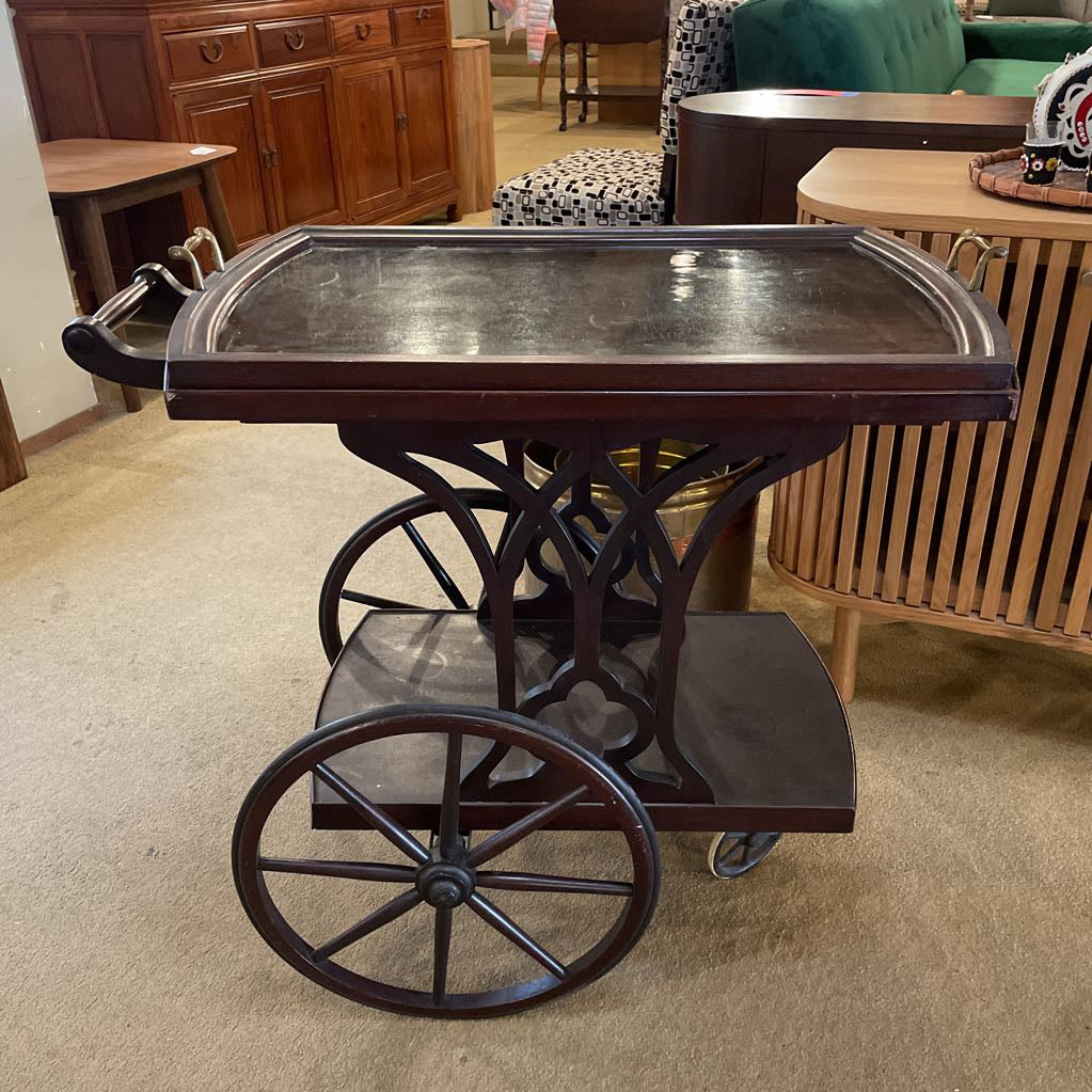 Dark Wood Tea Cart w/ Large Spindle Wheels & Glass Tray