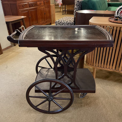 Dark Wood Tea Cart w/ Large Spindle Wheels & Glass Tray