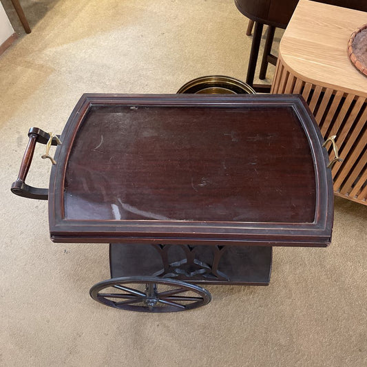 Dark Wood Tea Cart w/ Large Spindle Wheels & Glass Tray C BAR CARTS
