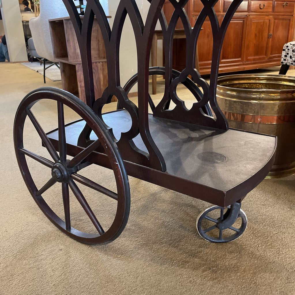 Dark Wood Tea Cart w/ Large Spindle Wheels & Glass Tray