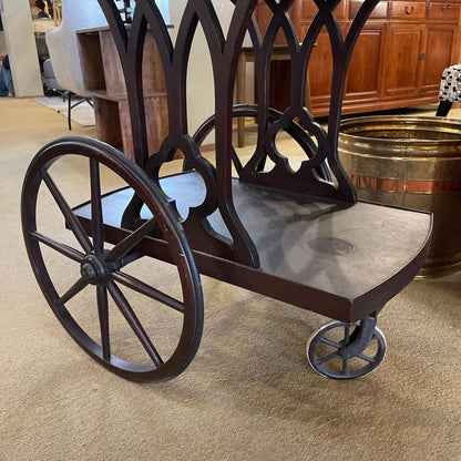 Dark Wood Tea Cart w/ Large Spindle Wheels & Glass Tray