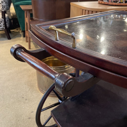 Dark Wood Tea Cart w/ Large Spindle Wheels & Glass Tray