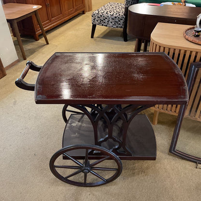 Dark Wood Tea Cart w/ Large Spindle Wheels & Glass Tray