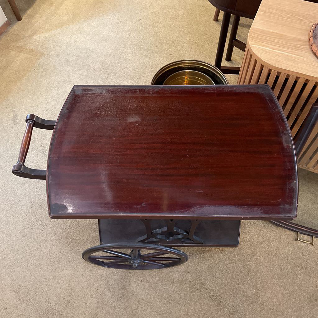 Dark Wood Tea Cart w/ Large Spindle Wheels & Glass Tray